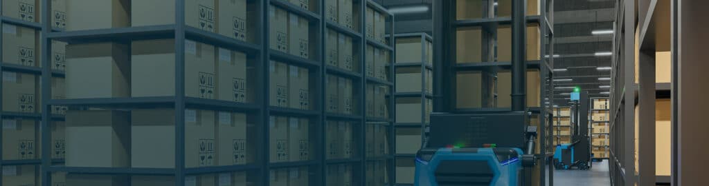 Chariot automatisé AGV déplaçant des cartons dans un entrepôt